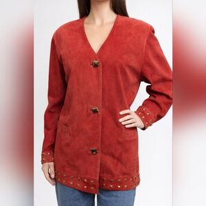 Vintage Danier Red Suede Gold Studded Jacket | Oversized Fit | L/XL